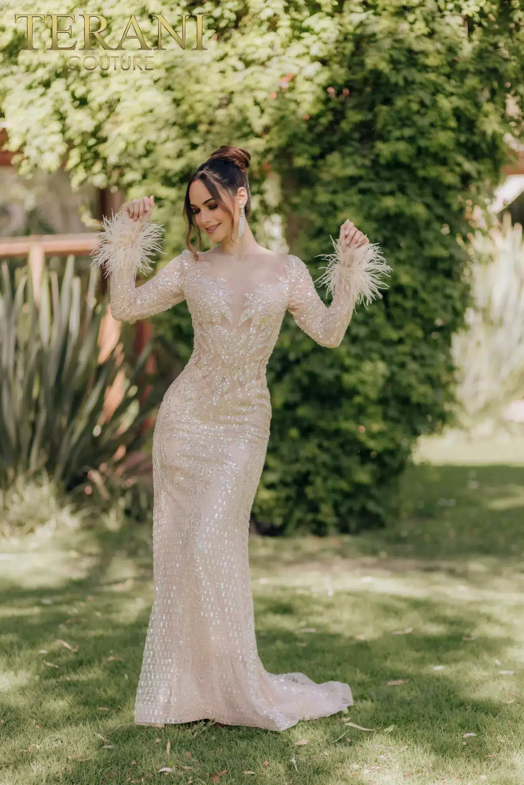 Sheer Bodice Beaded Mermaid Long Sleeves Dress - 232GL1441