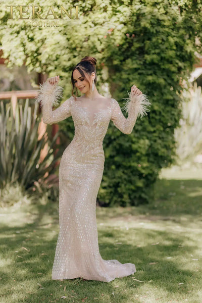 Sheer Bodice Beaded Mermaid Long Sleeves Dress - 232GL1441