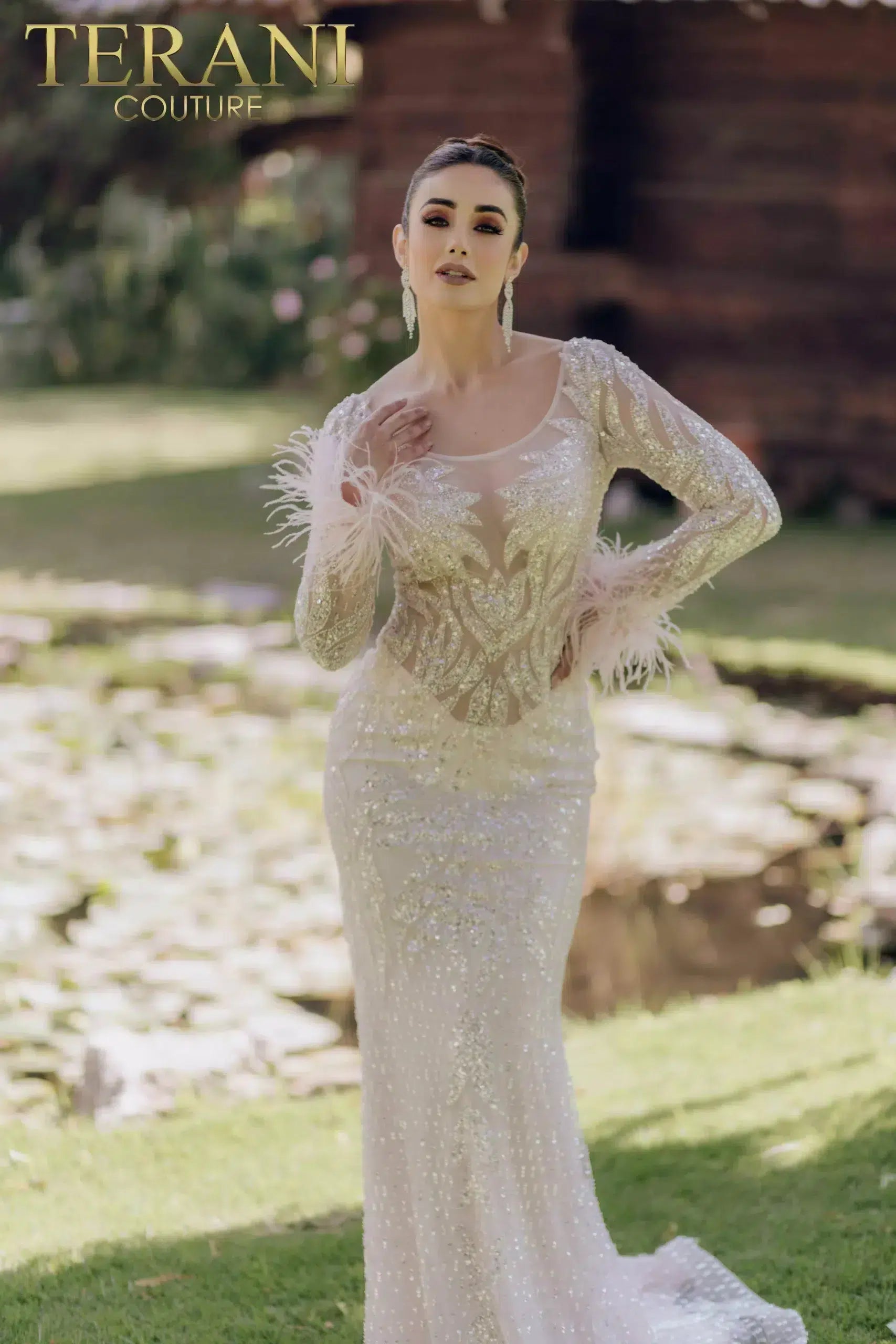 Sheer Bodice Beaded Mermaid Long Sleeves Dress - 232GL1441