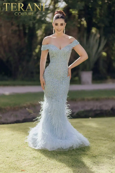 Mermaid Off-Shoulder Beaded Bodice Feathered Hem Long Dress - 232GL1478