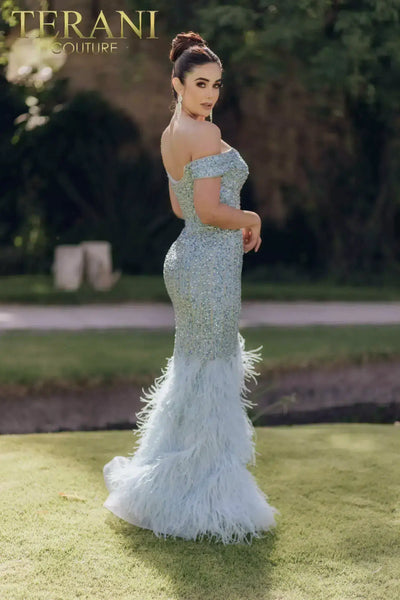 Mermaid Off-Shoulder Beaded Bodice Feathered Hem Long Dress - 232GL1478
