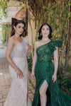 One Shoulder Ruffled Sheer Bodice Beaded A-line Long Dress - 232GL1479