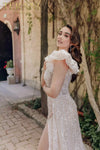 One Shoulder Ruffled Sheer Bodice Beaded A-line Long Dress - 232GL1479