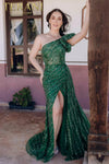 One Shoulder Ruffled Sheer Bodice Beaded A-line Long Dress - 232GL1479