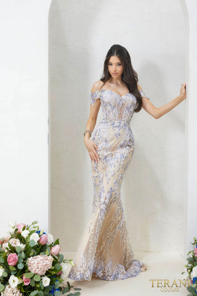 232GL1493 Trumpet Off-Shoulder Tulle Cream Nude Evening Dress