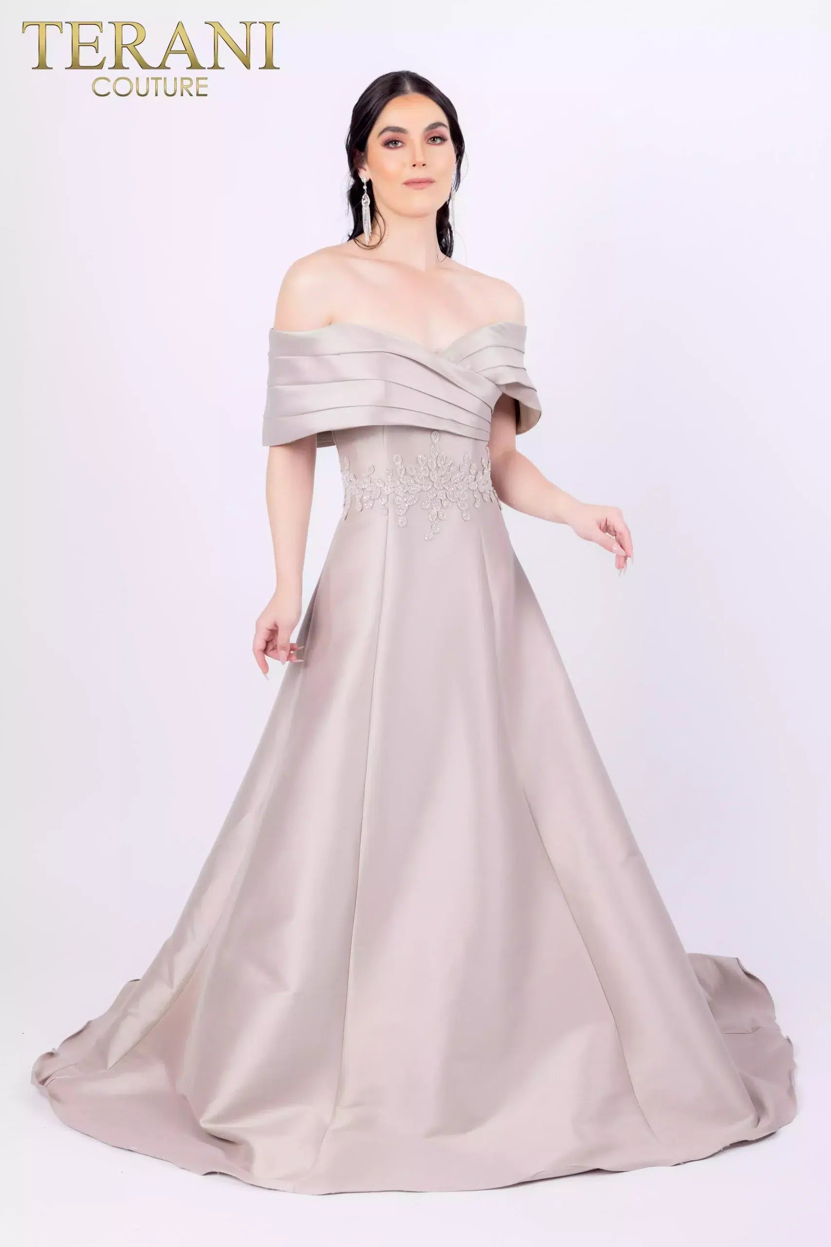 Off Shoulder Pleated Neckline Embroidery Ballgown Dress - 232M1511