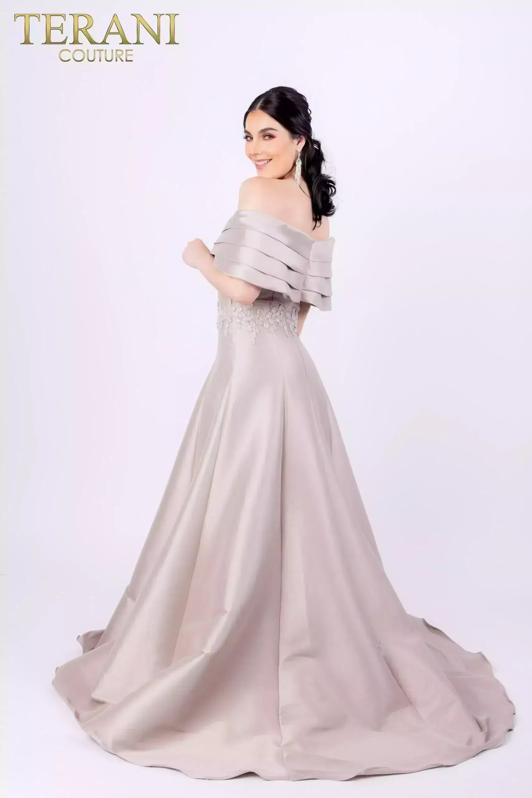 Off Shoulder Pleated Neckline Embroidery Ballgown Dress - 232M1511
