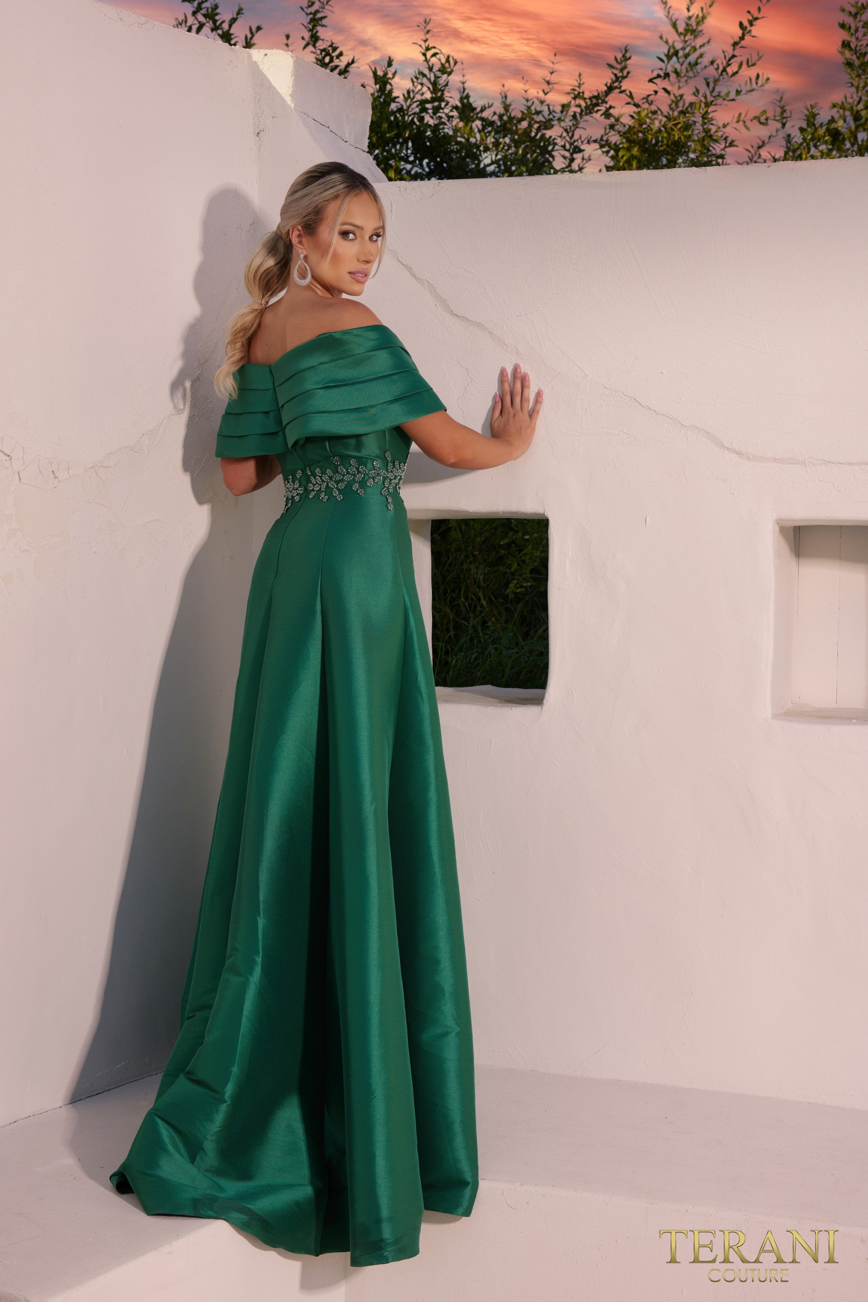 Off Shoulder Pleated Neckline Embroidery Ballgown Dress - 232M1511