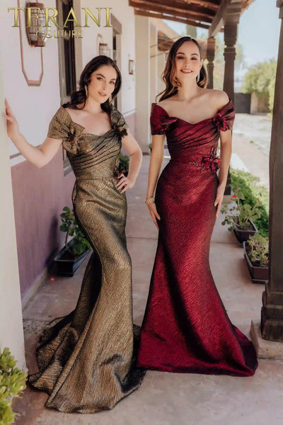 Off Shoulder Mermaid Pleated Bodice Long Dress - 232M1518