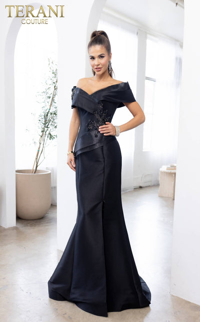 Pleated Neckline Off Shoulder Mid-Thigh Slit Long Dress - 232M1530