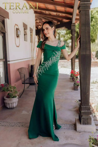 Asymmetrical Mermaid Off Shoulder Beaded Satin Long Dress- 232M1549