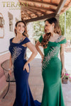 Asymmetrical Mermaid Off Shoulder Beaded Satin Long Dress- 232M1549