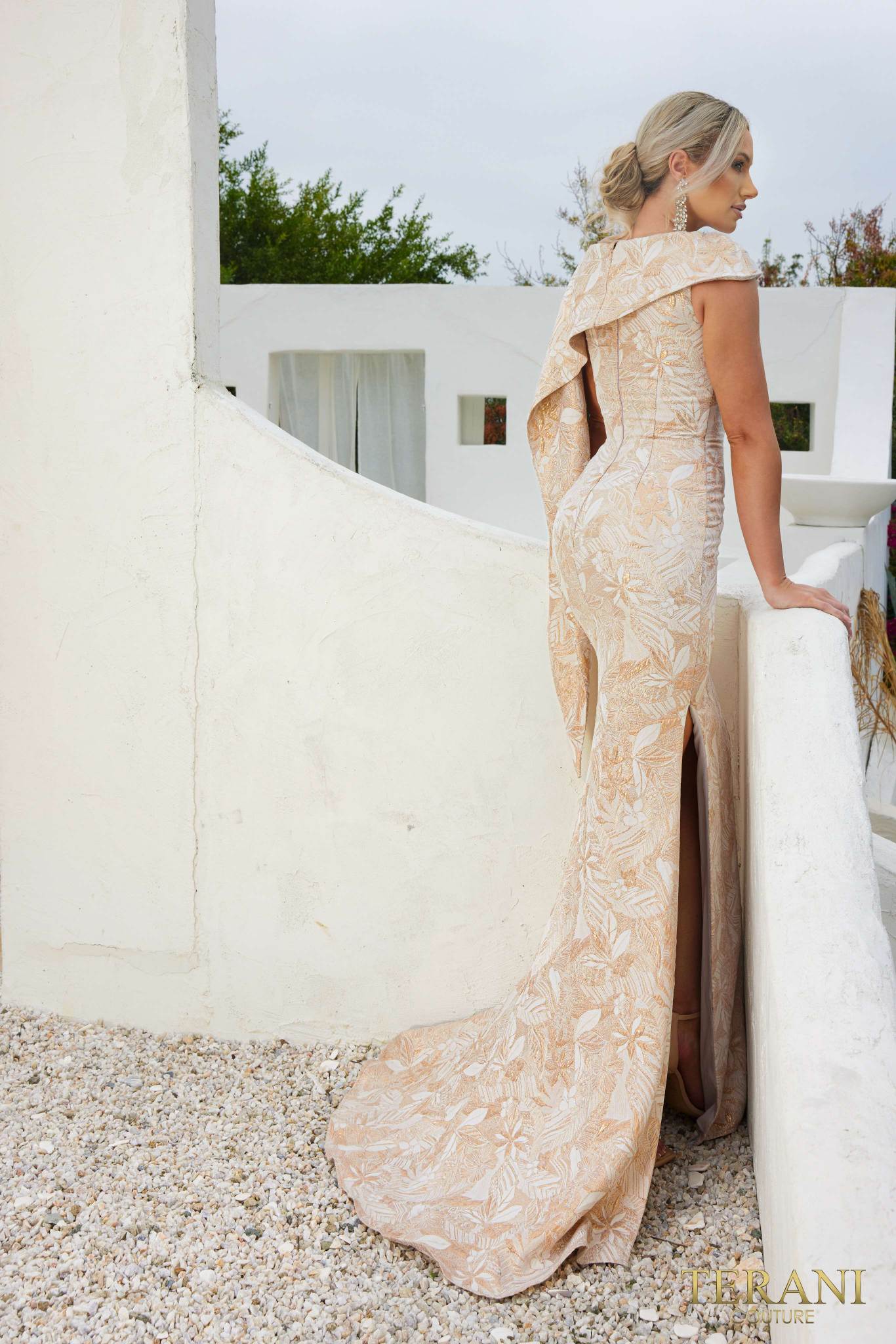 232M1571 Asymmetrical Jacquard Champagne Trumpet Evening Dress 232M1571 Asymmetrical Jacquard Champagne Trumpet Evening Dress