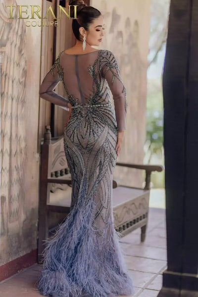Mermaid Long Sleeves Feathered Plunging Neckline Dress - 232GL1404