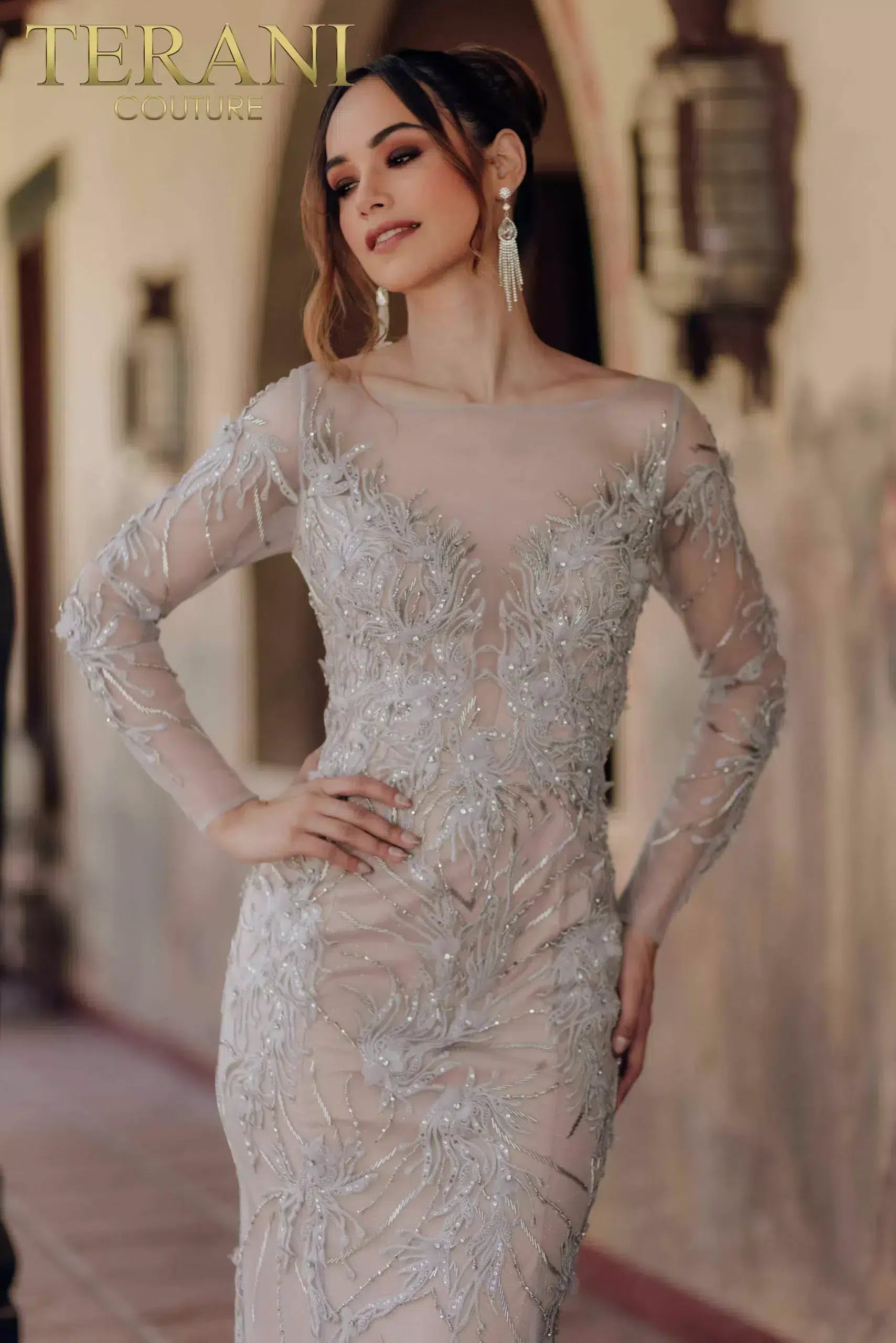 Embroidered Plunging Illusion Back Mermaid Long Sleeves Dress - 232GL1407