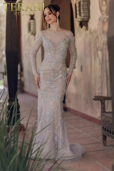 Embroidered Plunging Illusion Back Mermaid Long Sleeves Dress - 232GL1407