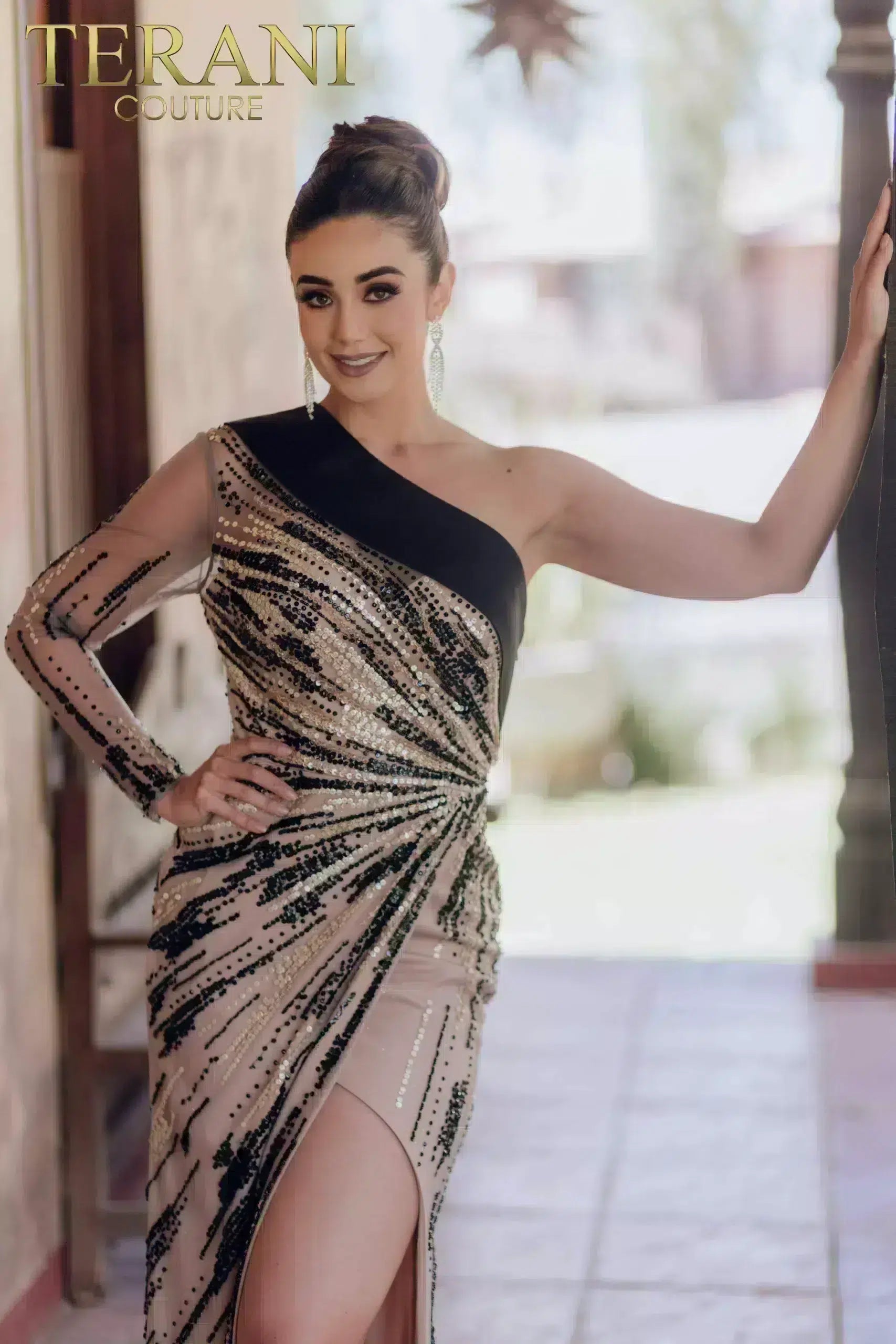 Asymmetrical Two-tone A-line Sheer Long One Sleeve Dress - 232GL1410