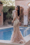 Feathered Hem Mermaid V-neck Beaded Sleeveless Long Dress - 232GL1425