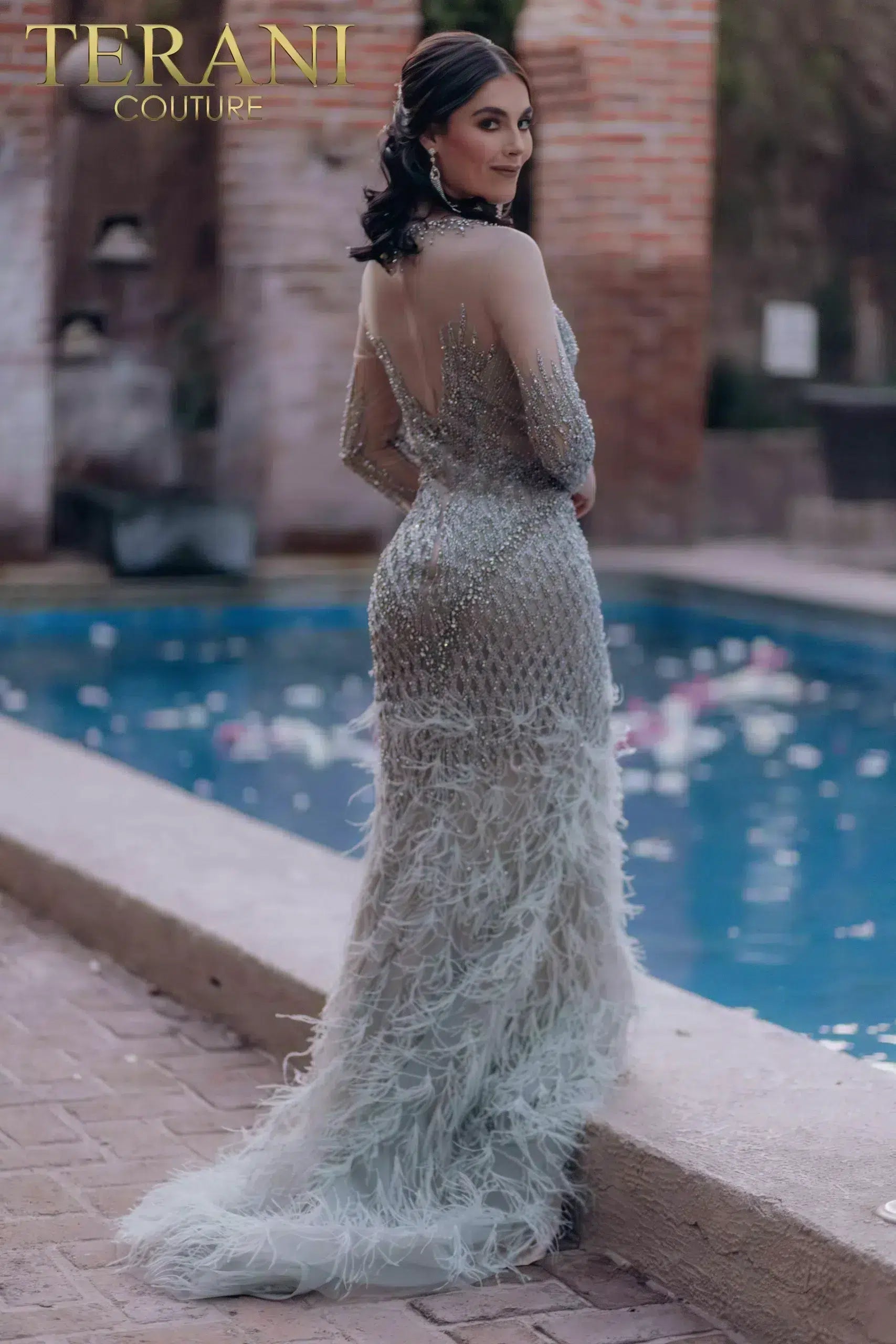 V-neck Embroidered Mermaid Illusion Long Sleeves Dress - 232GL1437