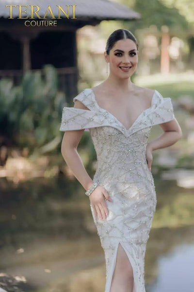 Double Off Shoulder Beaded Long Mid-Thigh Slit Dress - 232GL1466