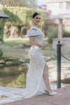 Double Off Shoulder Beaded Long Mid-Thigh Slit Dress - 232GL1466