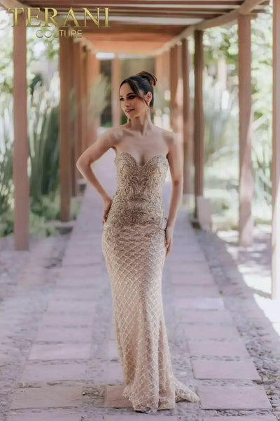 Embroidered Mermaid Strapless Beaded Long Dress - 232GL1476