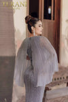 Plunging Neck A-line Beaded Cape Sheer Dress - 232M1501