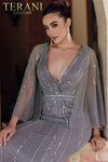 Plunging Neck A-line Beaded Cape Sheer Dress - 232M1501
