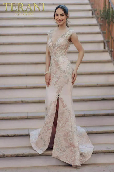 Embroidered Cap Sleeves Mermaid Sheer Plunging Dress - 232M1505