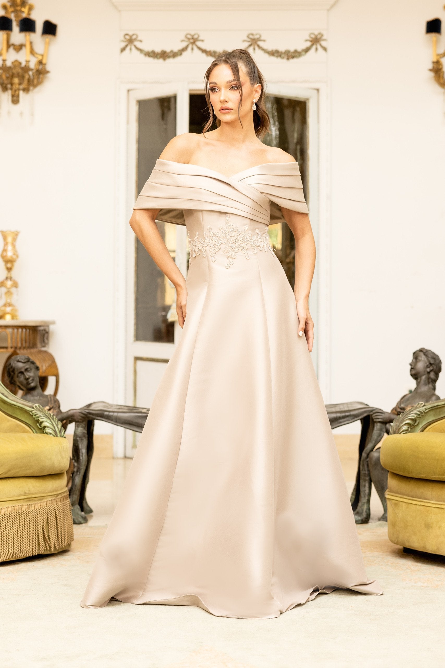 Off Shoulder Pleated Neckline Embroidery Ballgown Dress