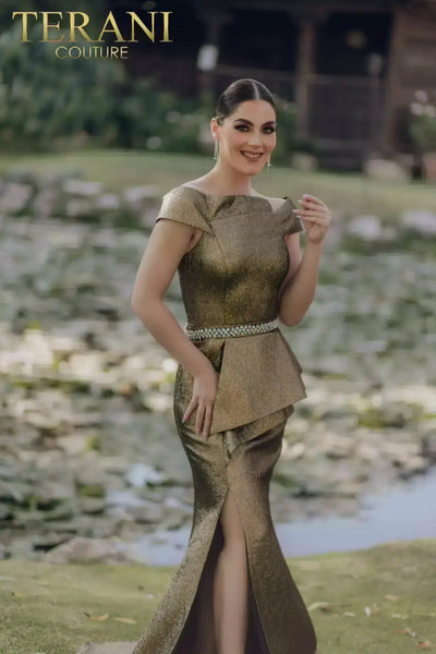 Rhinestone Beaded Belt Off Shoulder Peplum Skirt Dress - 232M1555