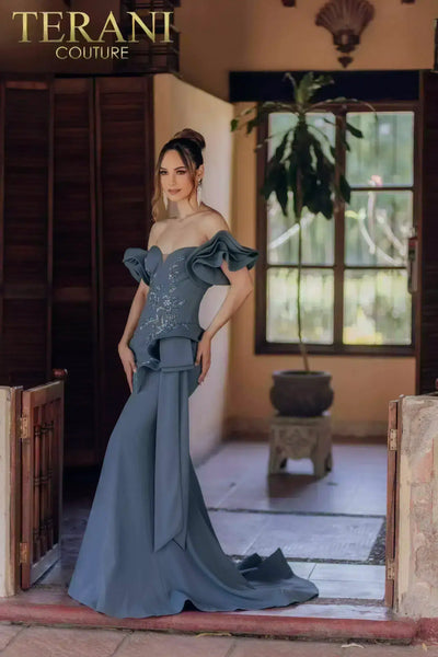 Pleated Top Ruffle Shoulder Mermaid Sweetheart Dress - 232M1559