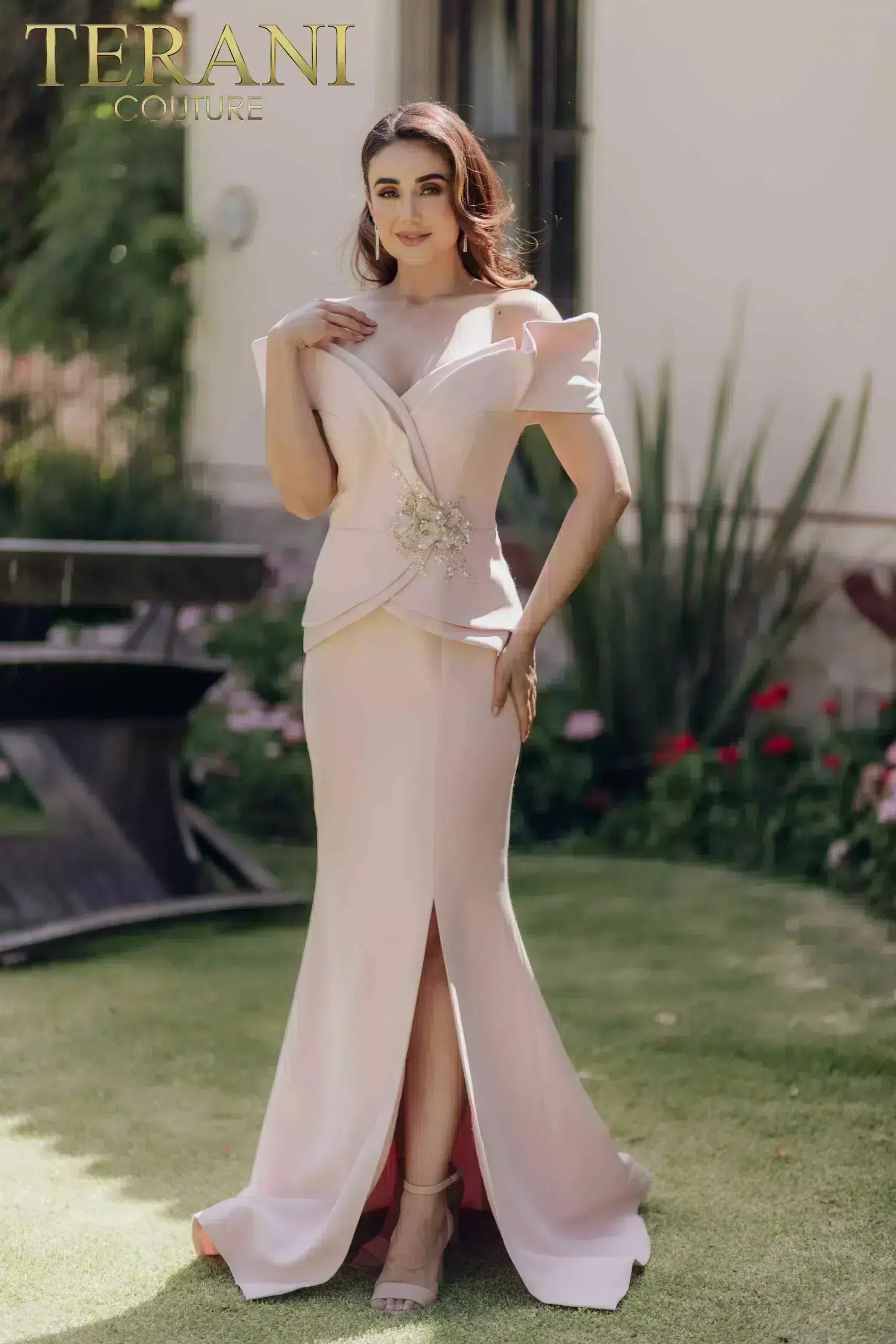3D Flower Mermaid Off Shoulder Satin Long Dress - 232M1560