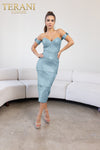 241C2318 Off-Shoulder Bodycon Metallic Jacquard Rose Evening Dress
