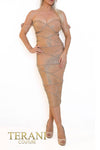 241C2318 Off-Shoulder Bodycon Metallic Jacquard Rose Evening Dress