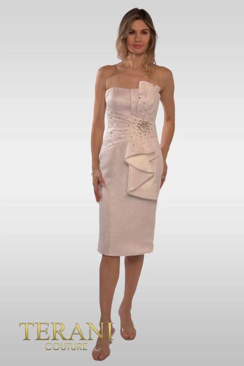 241C2320 Sheath Strapless Metallic Jacquard Ivory Column Evening Dress