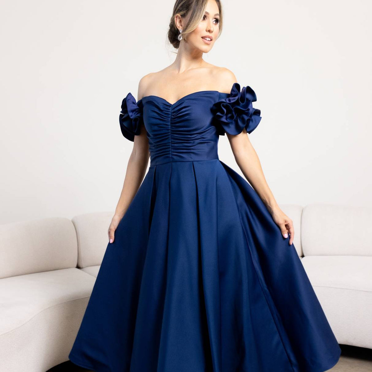 navy blue dress off the shoulder 241C2334 Off-Shoulder Satin A-Line Navy Column Evening Dress