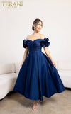 241C2334 Off-Shoulder Satin A-Line Navy Column Evening Dress