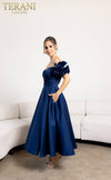 241C2334 Off-Shoulder Satin A-Line Navy Column Evening Dress