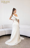 241E2406 Asymmetrical Off-Shoulder Jacquard A-Line Gold Column Evening Dress