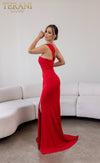 241E2416 Asymmetrical Off-Shoulder Jersey Column Evening Dress