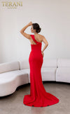 241E2416 Asymmetrical Off-Shoulder Jersey Column Evening Dress