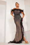 241E2449 Sheer Off-Shoulder Tulle Column Evening Dress