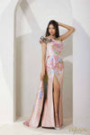 241E2453 Asymmetrical Jacquard Silver Rose Column Evening Dress