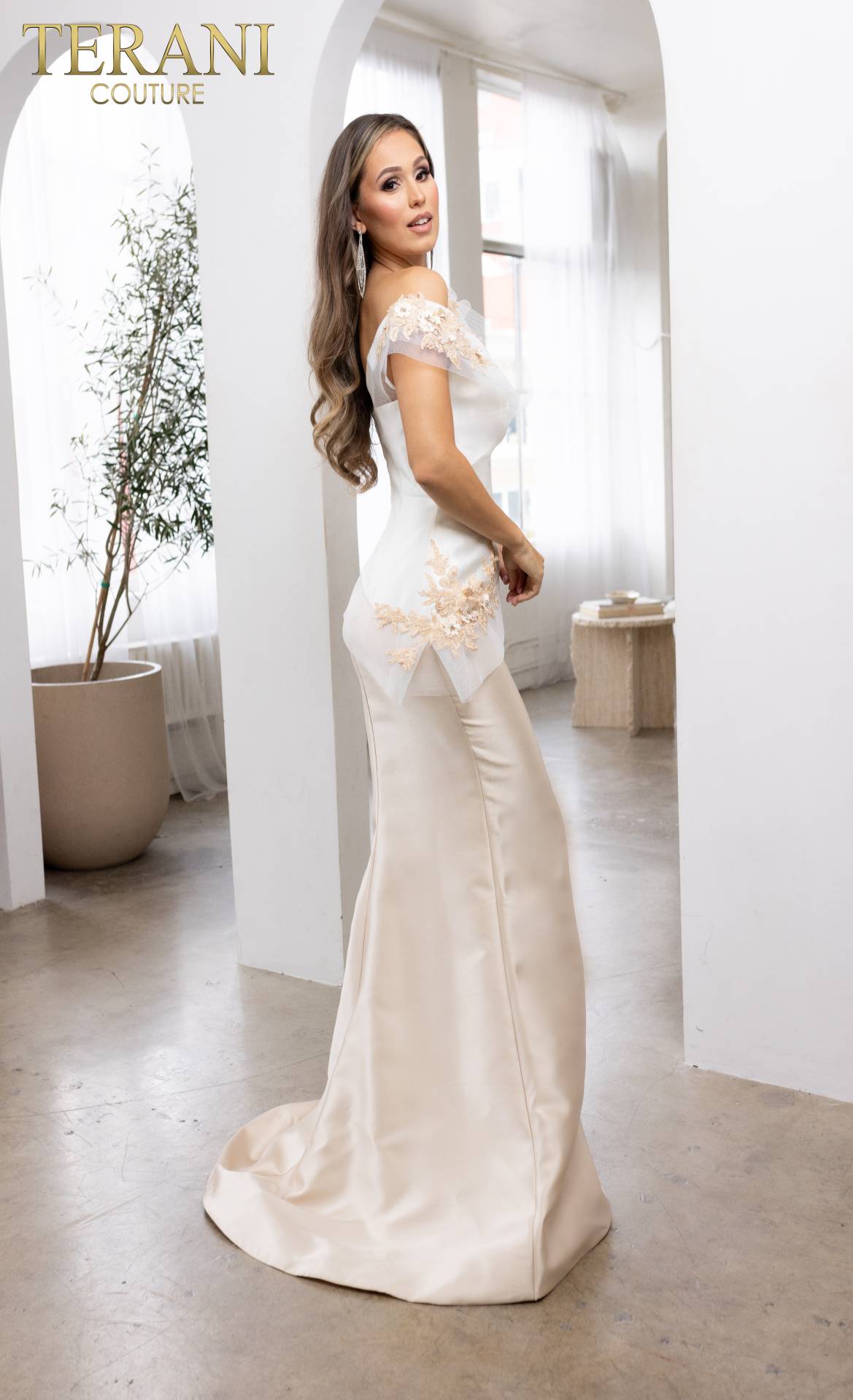 241E2478 Off-Shoulder Trumpet Embroidered Mikado Column Evening Dress