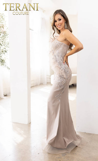 241E2485 Asymmetrical Embroidered Off-Shoulder Trumpet Column Evening Dress