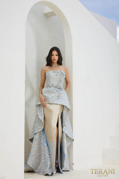 241E2486 A-Line Strapless Embroidered Jacquard Column Evening Dress