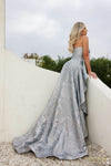241E2487 A-Line Strapless Jacquard Silver Column Evening Dress