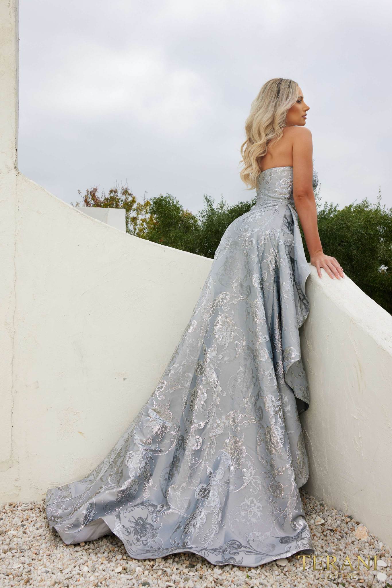 silver strapless bridesmaid dress Strapless Satin Wedding Dress with Bow and Buttons – VW2614 – Viniodress main image 1