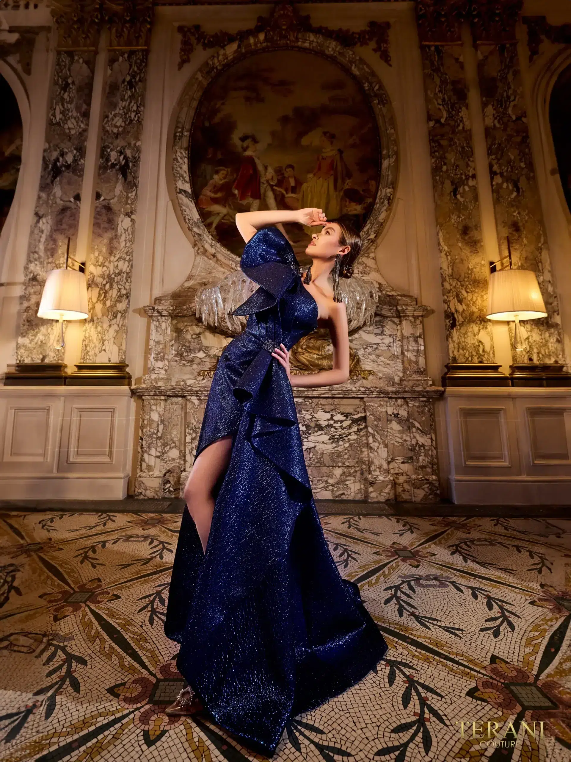 navy metallic jacquard dress 241E2515 Metallic Jacquard One Shoulder Ballgown Dress